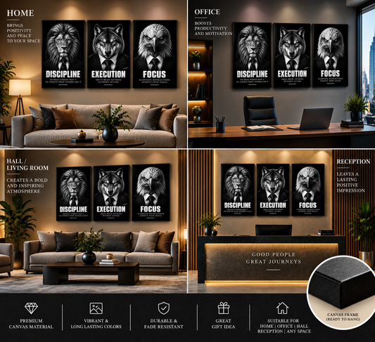 Motivational Wall Art Premium Canvas Frames Set of 3 | Discipline Focus Execute Inspirational Posters with Lion Eagle Wolf | Modern Wall Decor for Office Gym Study Room | 12x18 Inch each