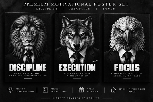 Motivational Wall Art Premium Canvas Frames Set of 3 | Discipline Focus Execute Inspirational Posters with Lion Eagle Wolf | Modern Wall Decor for Office Gym Study Room | 12x18 Inch each