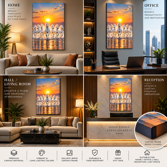 Seven Running Horses at Sunrise Canvas Wall Painting for Living Room Drawing Room Hotel Office | Size Large (20x30 and 48x24 inches)