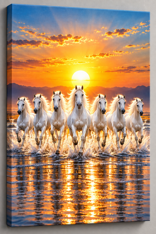 Seven Running Horses at Sunrise Canvas Wall Painting for Living Room Drawing Room Hotel Office | Size Large (20x30 and 48x24 inches)